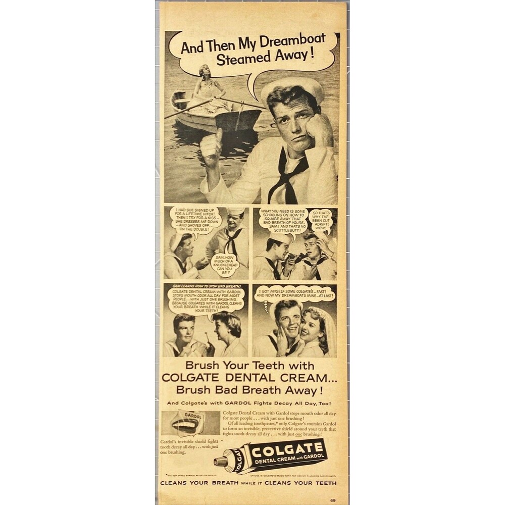 Colgate Dental Cream with Gardol "My Dreamboat Sailed Away" Print Ad 1957